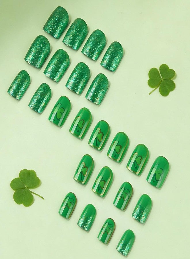 OSTTMA 24Pcs St. Patrick's Day Press on Nails Short Square Fake Nails Green Shamrock False Nail with Glitter Clover Shamrocks Glue on Nail Reusable Acrylic Stick on Nails for Women DIY Manicure - Image 4